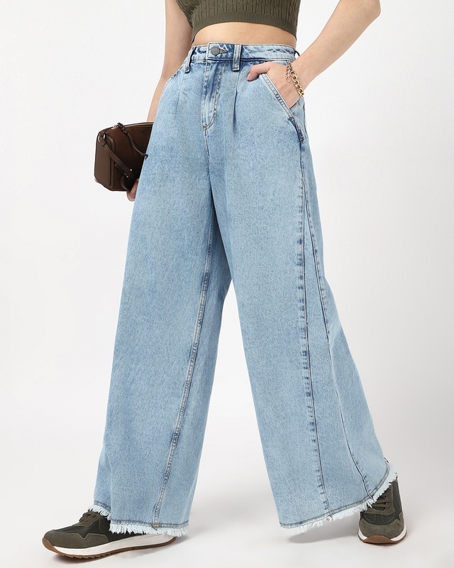 Shop Women's Blue Washed Flared Jeans-Front