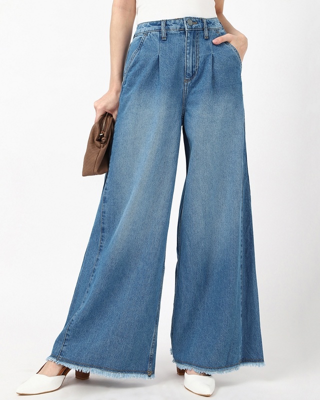 Shop Women's Blue Flared Washed Jeans-Front
