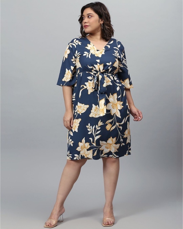 Shop Women's Blue Floral Design Stylish Casual Dress-Front