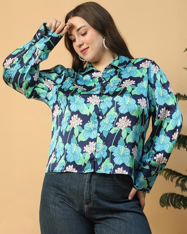 Shop Women's Blue Floral Printed Plus Size Shirt-Front