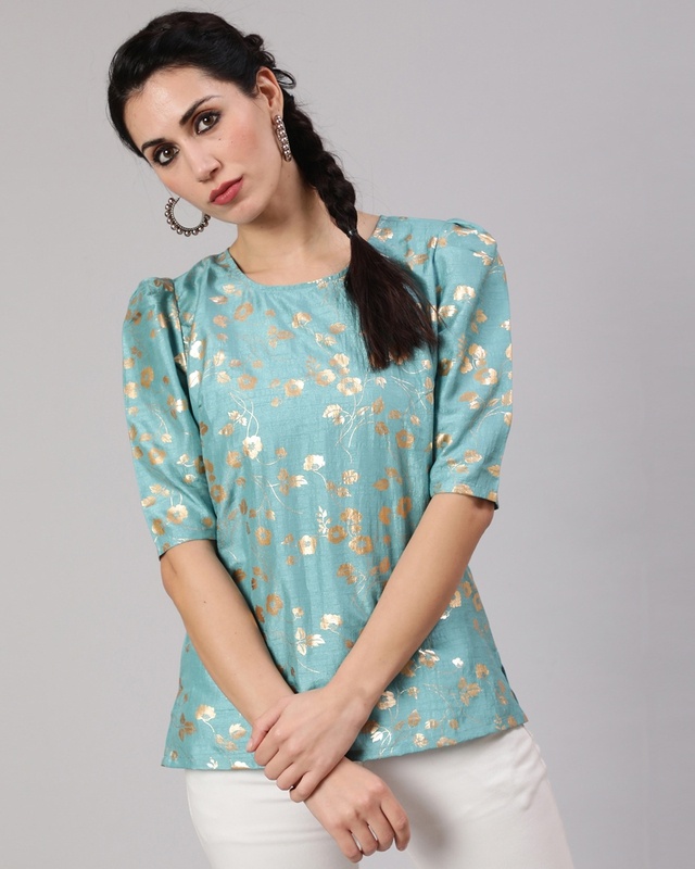 Shop Women's Blue Foil Printed Top-Front