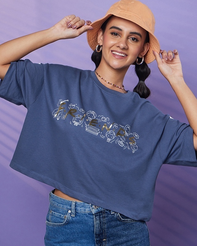 Shop Women's Blue Friends Chibi Logo Graphic Printed Oversized Short Top-Front