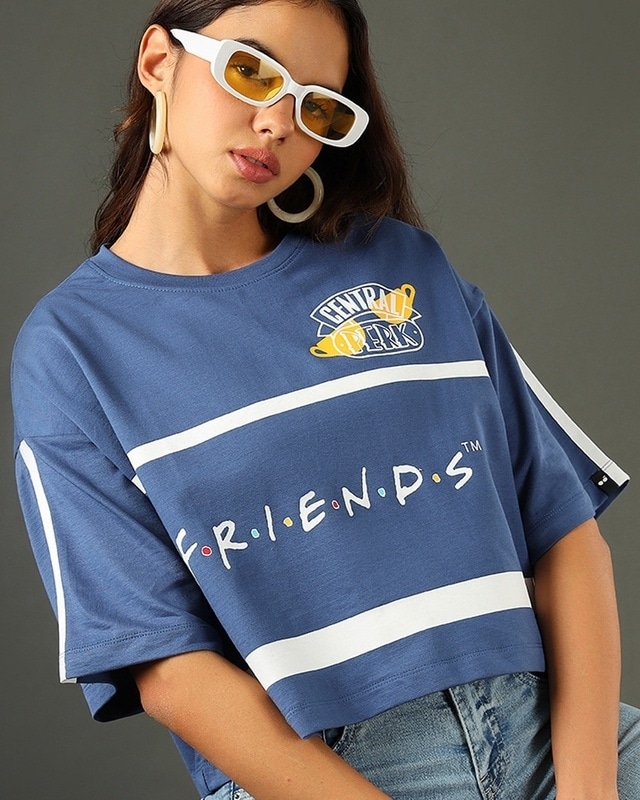 Shop Women's Blue Friends Gang Logo Graphic Printed Oversized Short Top-Front