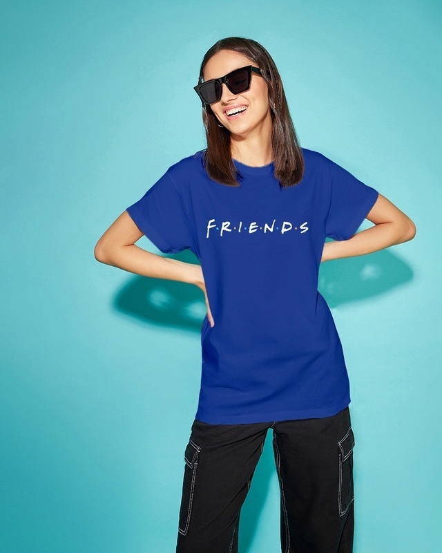 Shop Women's Blue Friends logo Graphic Printed Boyfriend T-shirt-Front