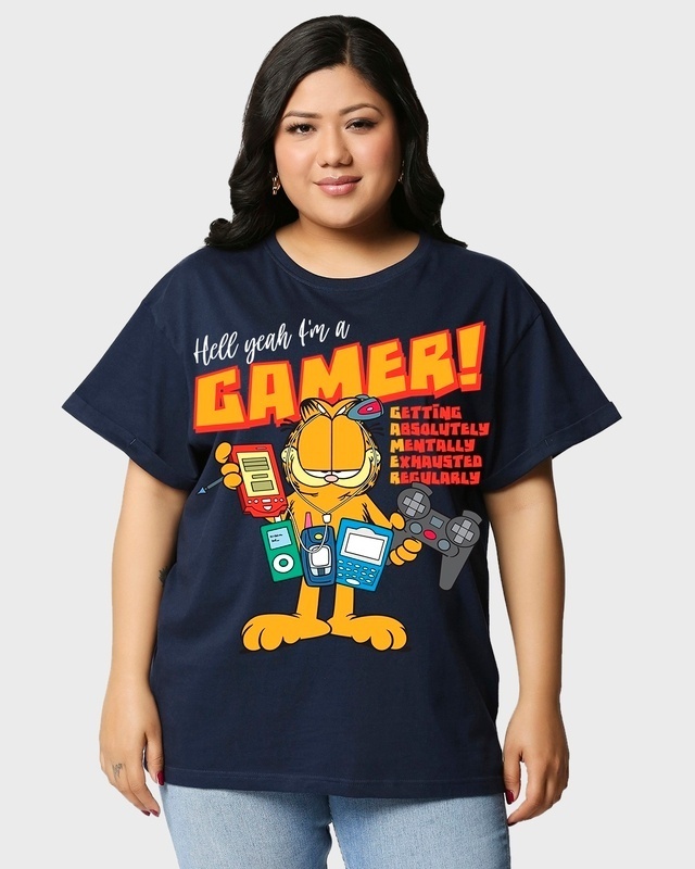 Shop Women's Blue Gamer Garfield Graphic Printed Plus Size Boyfriend T-shirt-Front