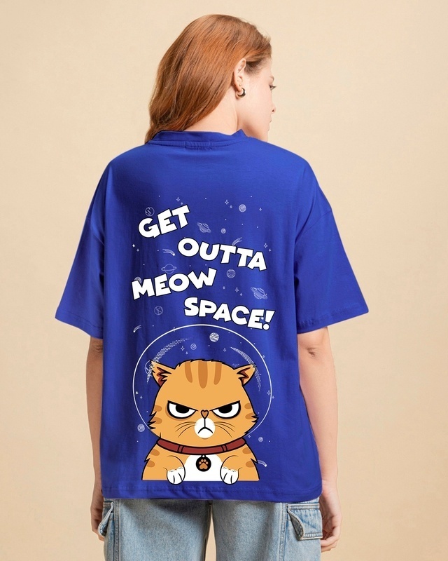 Shop Women's Blue Get Outta My Space Graphic Printed Oversized T-shirt-Front