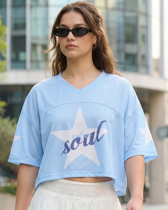 Women's Blue Graphic Printed Oversized Crop Mesh T-shirt-Front Bewakoof Shop Women's Blue Graphic Printed Oversized Crop Mesh T-shirt-Front