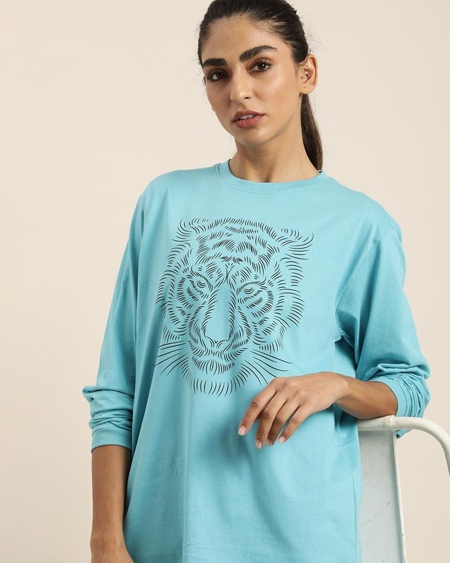 Shop Women's Blue Graphic Printed Oversized T-shirt-Front