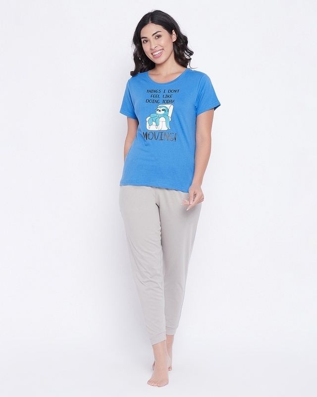 Shop Women's Blue & Grey Lazy Sloth Graphic Printed Cotton T-shirt & Joggers Set-Front