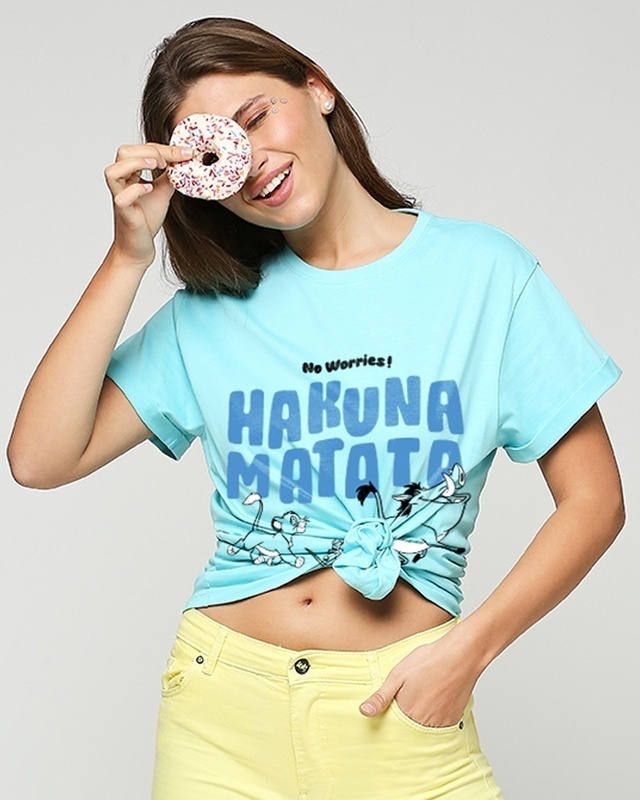 Shop Women's Blue Hakuna Matata Graphic Printed Boyfriend T-shirt-Front