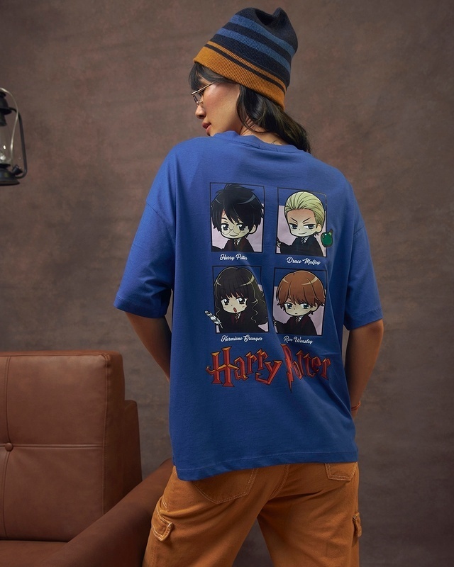 Shop Women's Blue Harry Potter and Friends Graphic Printed Oversized T-shirt-Front