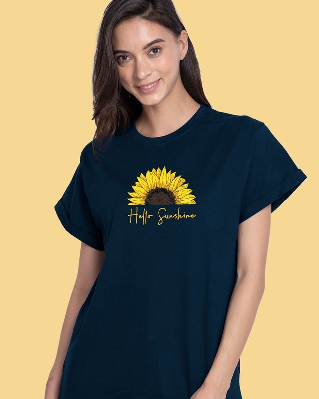 Shop Women's Blue Hello Sunshine Graphic Printed Boyfriend T-shirt-Front