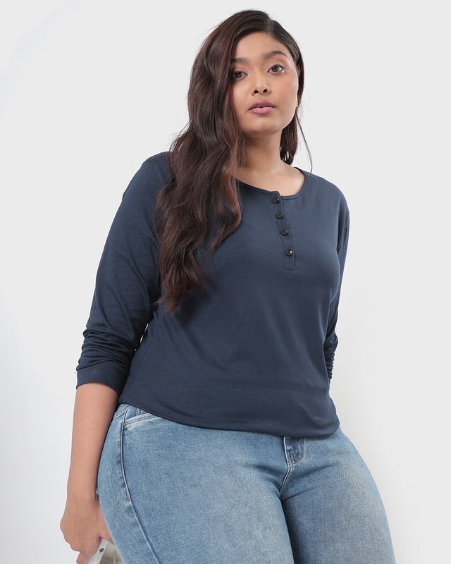Shop Women's Blue Henley Neck Plus Size Slim Fit T-shirt-Front