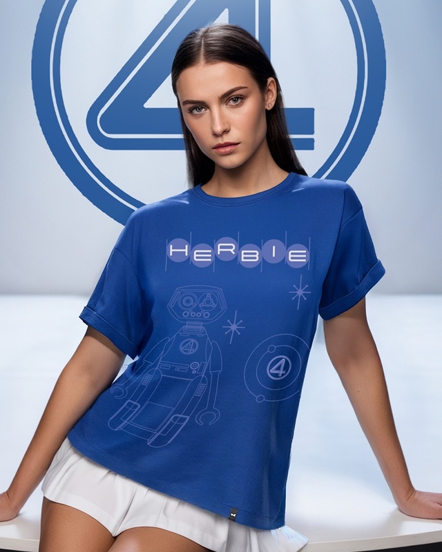Shop Women's Blue Herbie The Robot Graphic Printed Boyfriend T-shirt-Front