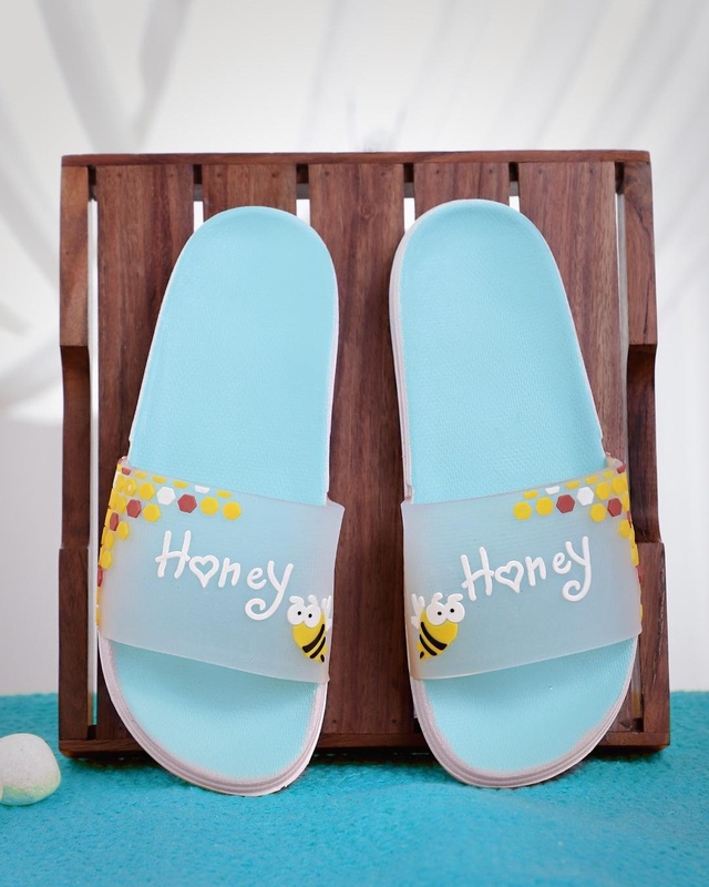 Shop Women's Blue Honey Printed Sliders-Front