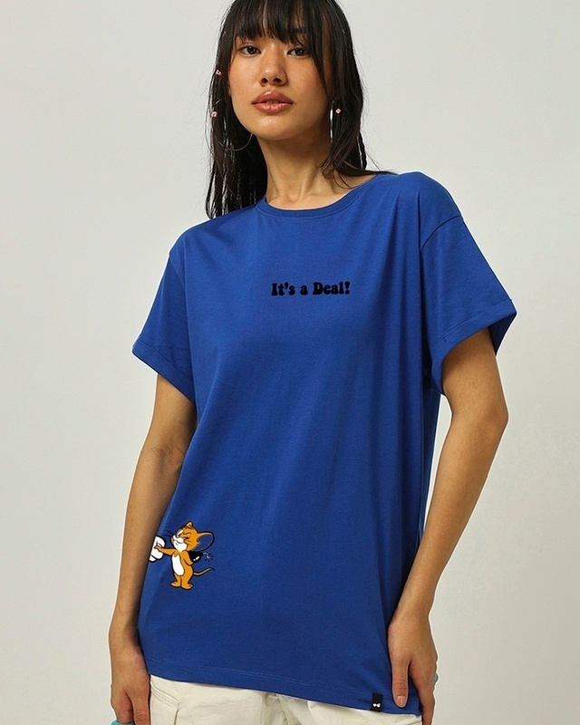 Shop Women's Blue It's a Deal Graphic Printed Boyfriend T-shirt-Front