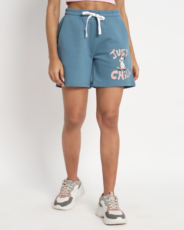 Shop Women's Blue Just Chill Typography Relaxed Fit Shorts-Front
