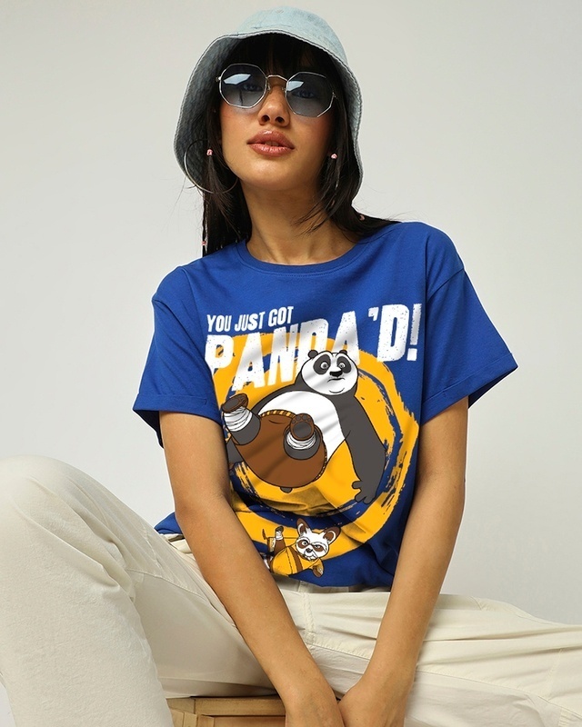 Shop Women's Blue Just Got Panda'd Graphic Printed Boyfriend T-shirt-Front