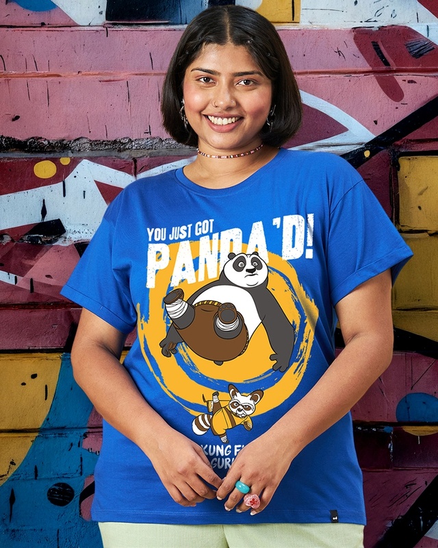 Shop Women's Blue Just Got Panda Graphic Printed Boyfriend Plus Size T-shirt-Front