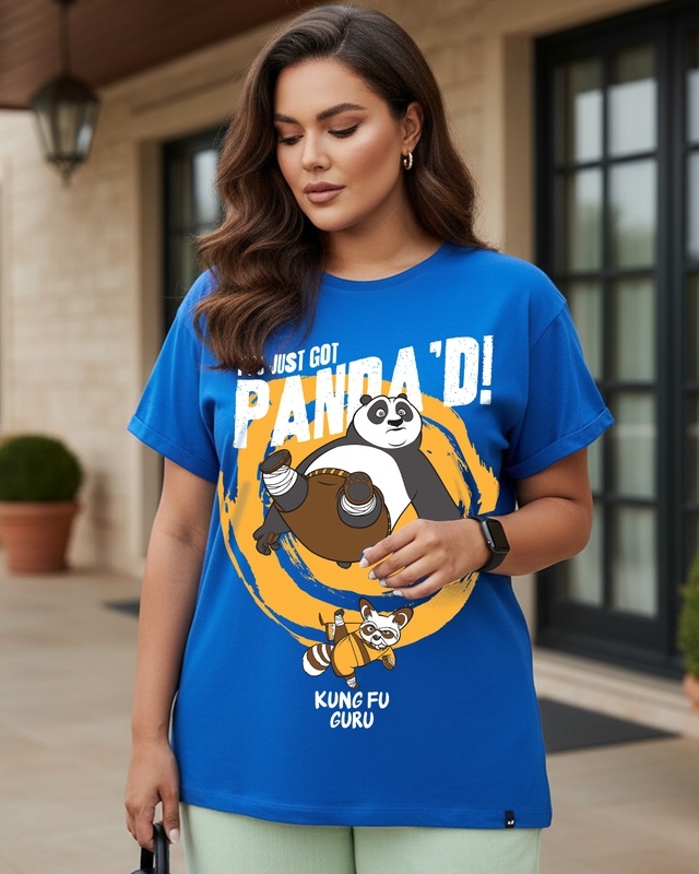 Women's Blue Just Got Panda Graphic Printed Boyfriend Plus Size T-shirt-Front Bewakoof Shop Women's Blue Just Got Panda Graphic Printed Boyfriend Plus Size T-shirt-Front