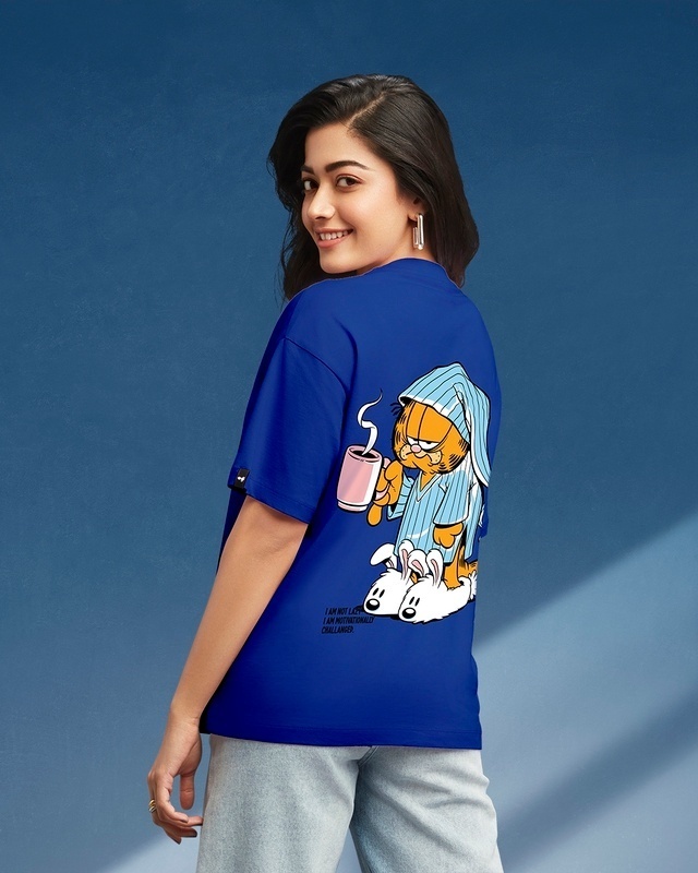 Shop Women's Blue Lazy Garfield Graphic Printed Oversized T-shirt-Front