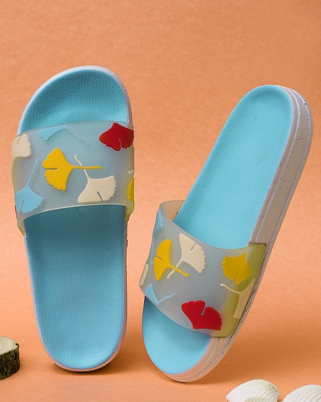 Shop Women's Blue Leaves Printed Sliders-Front