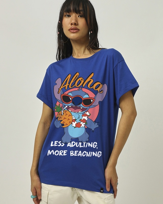 Women's Blue Lilo & Stitch Graphic Printed Boyfriend T-shirt