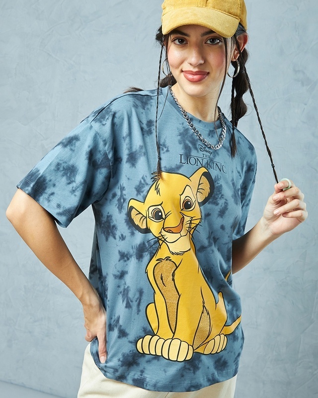 Shop Women's Blue Lion Graphic Printed Oversized T-shirt-Front