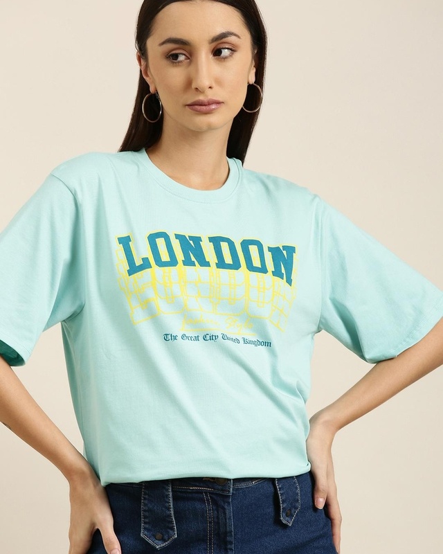 Shop Women's Blue London Typography Oversized T-shirt-Front