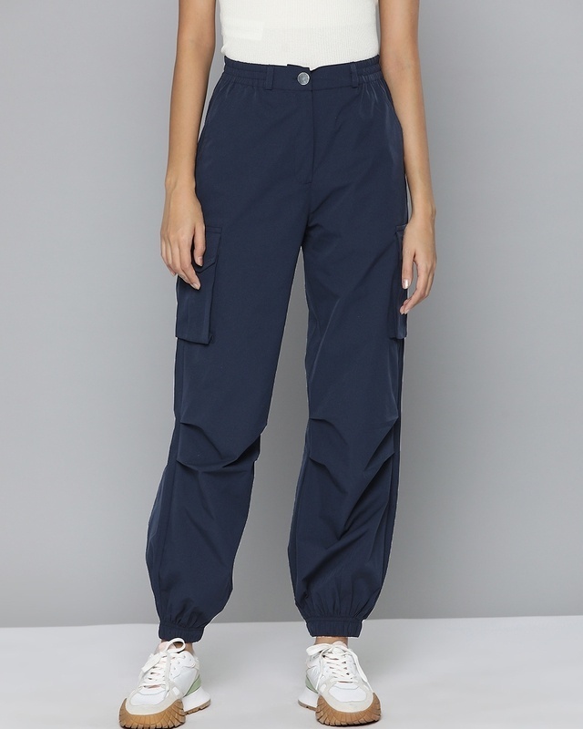 Shop Women's Blue Loose Comfort Fit Cargo Parachute Pants-Front
