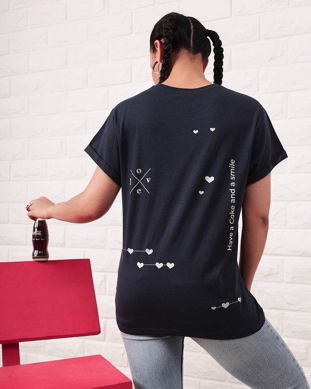 Shop Women's Blue Love Coke Graphic Printed Boyfriend T-shirt-Front