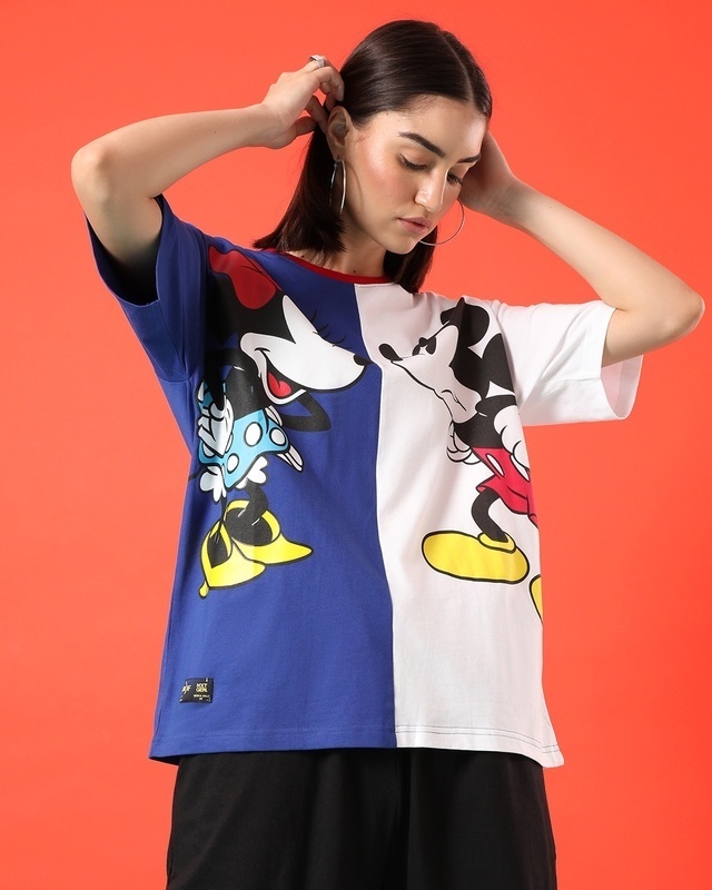 Shop Women's Blue Mickey and Mini Hyper Printed Oversized T-shirt-Front