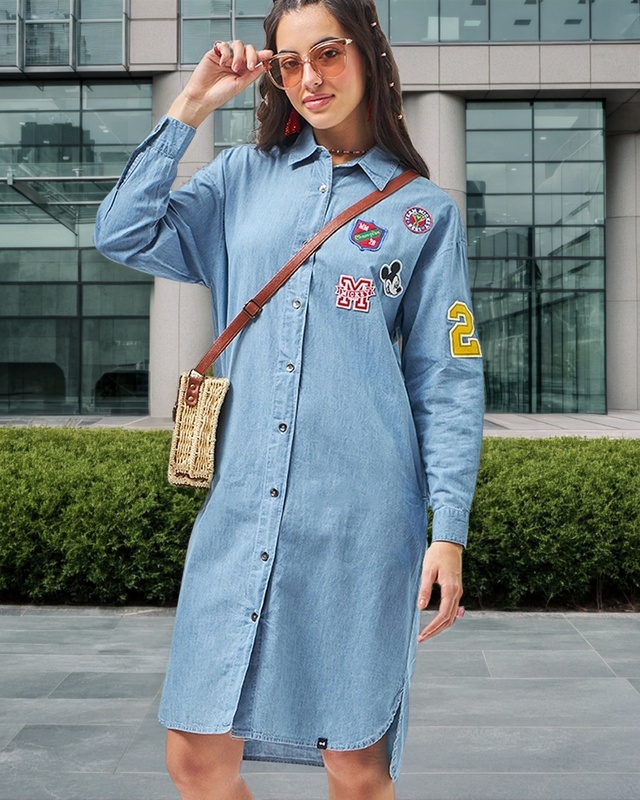 Shop Women's Blue Mickey Graphic Printed Oversized Shirt Dress-Front