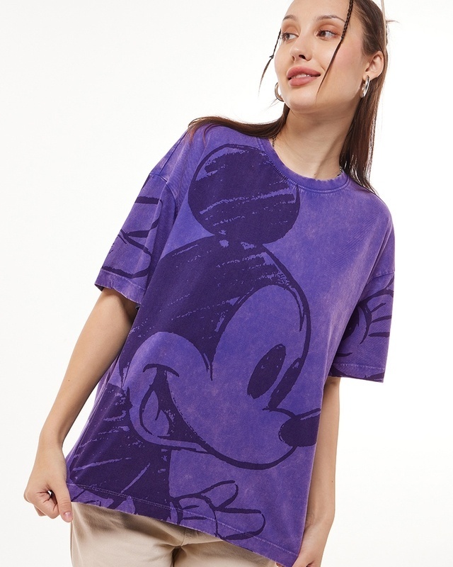 Shop Women's Blue Mickey Graphic Printed Oversized T-shirt-Front