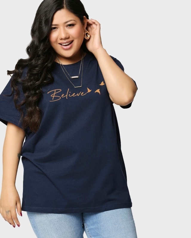 Shop Women's Blue Minimal Believe Graphic Printed Plus Size Boyfriend T-shirt-Front