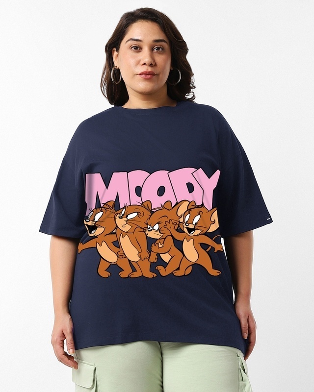 Shop Women's Blue Moody Jerry Graphic Printed Oversized Plus Size T-shirt-Front
