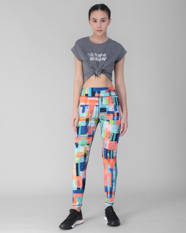 Shop Women's Blue & Orange Abstract Printed Skinny Fit Tights-Front