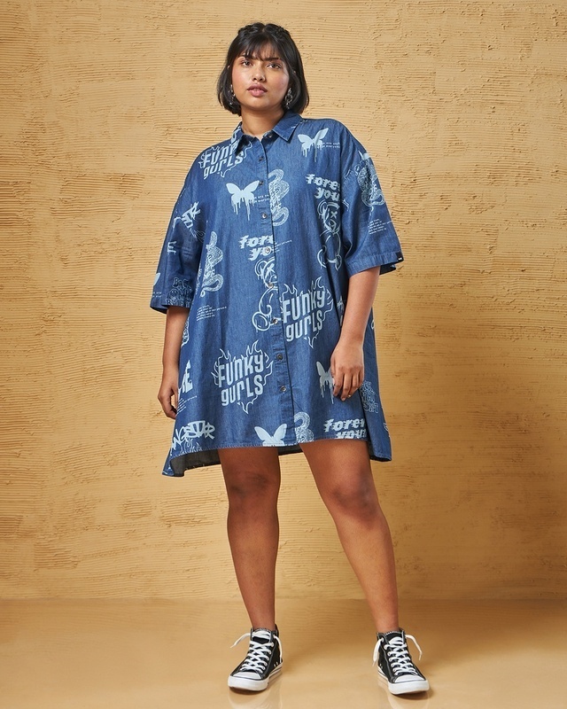 Shop Women's Blue All Over Printed Oversized Plus Size Shirt Dress-Front