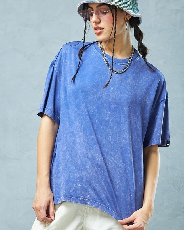 Shop Women's Blue Oversized Acid Wash T-shirt-Front