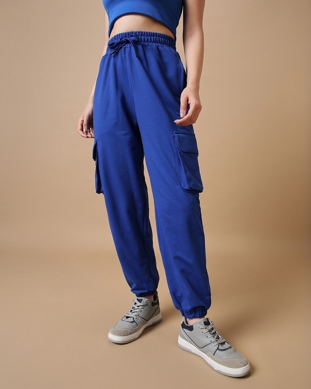 Shop Women's Blue Oversized Cargo Joggers-Front