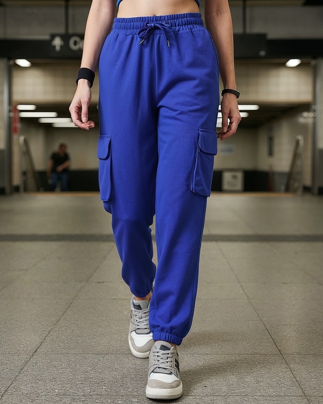 Shop Women's Blue Oversized Cargo Joggers-Front