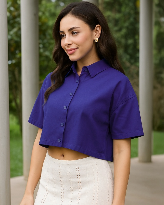 Shop Women's Blue Oversized Crop Cotton Linen Shirt-Front