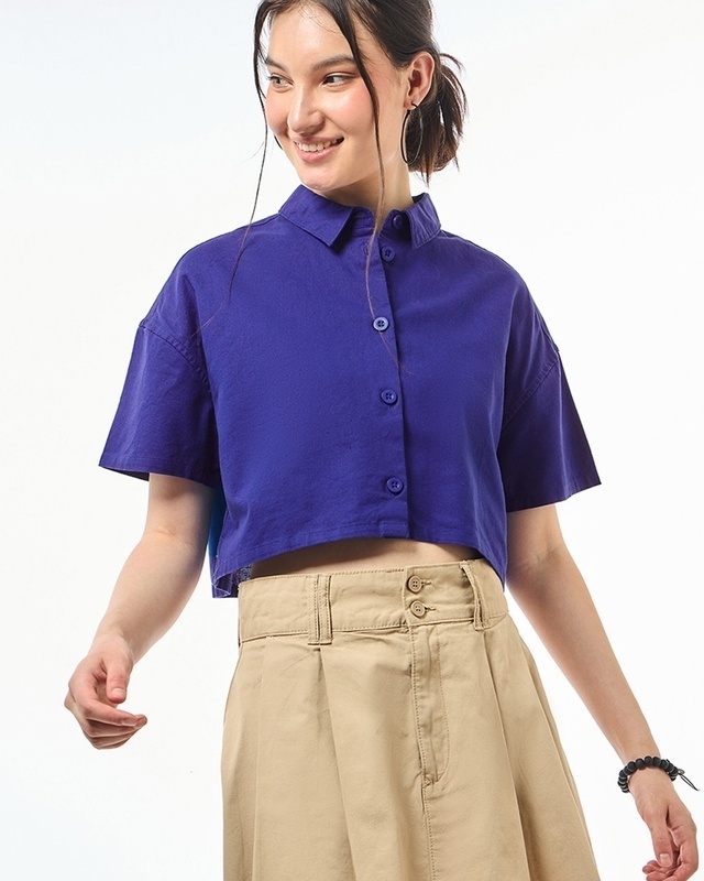 Shop Women's Blue Oversized Crop Shirt-Front