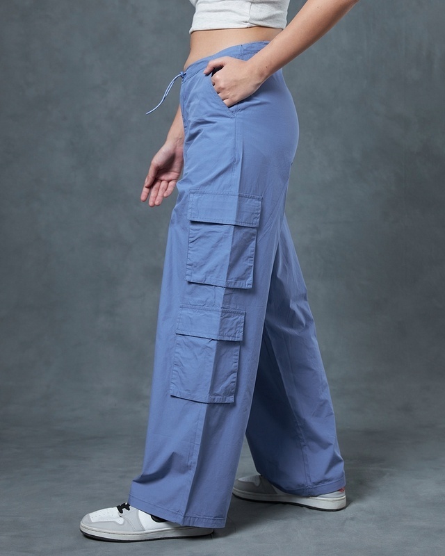 Shop Women's Blue Oversized Cargo Parachute Pants-Front