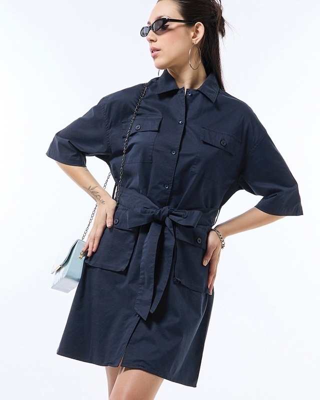 Shop Women's Blue Oversized Shirt Dress-Front