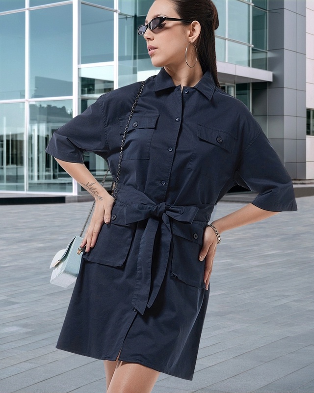 Shop Women's Blue Oversized Shirt Dress-Front