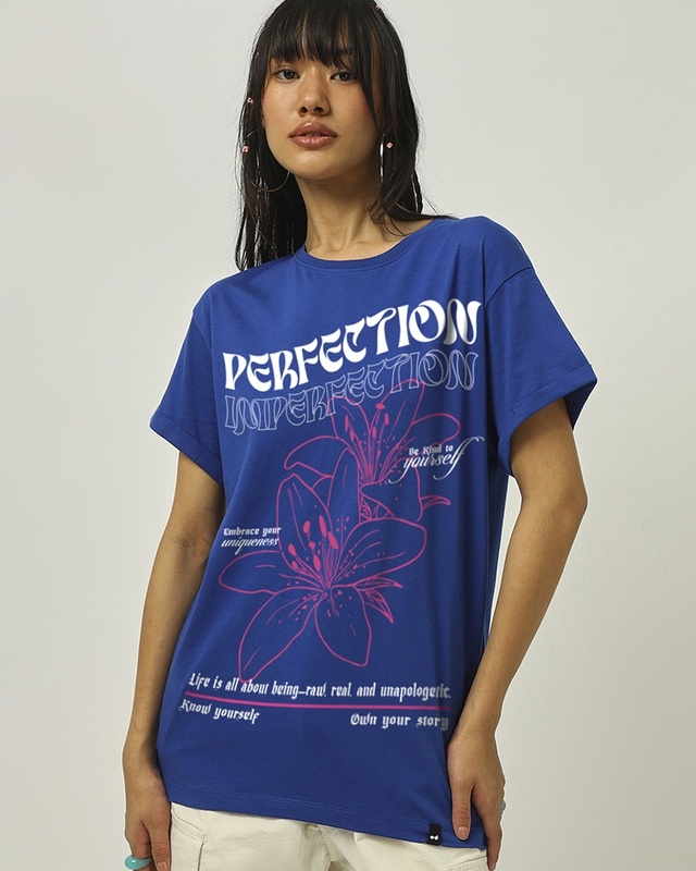 Shop Women's Blue Perfection Imperfection Graphic Printed Boyfriend T-shirt-Front