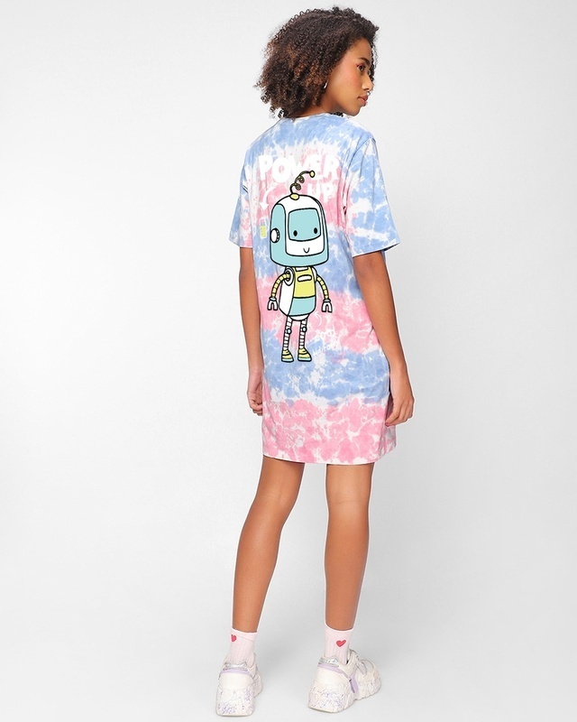 Shop Women's Blue & Pink Power Up Graphic Printed Oversized T-Shirt Dress-Front