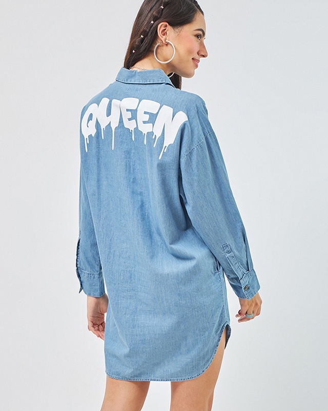 Women's Blue Queen Typography Super Loose Fit Shirt Dress