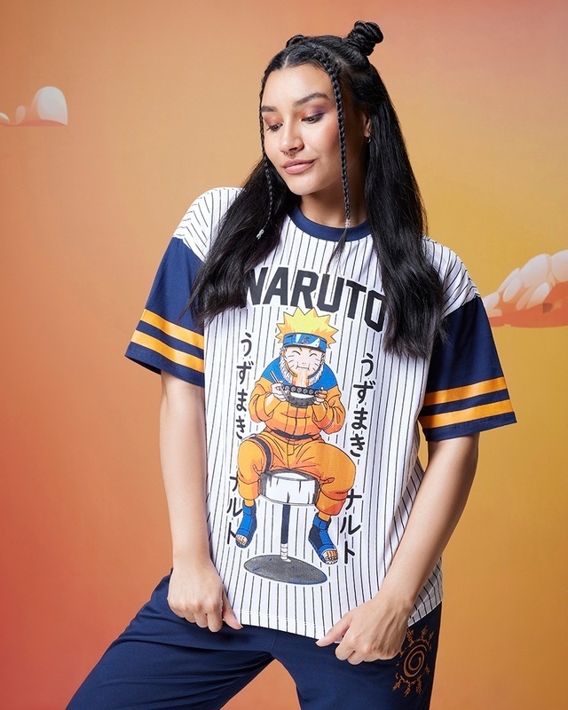 Shop Women's Blue & White Ramen Jersey Graphic Printed Oversized T-shirt-Front